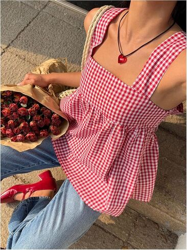 WDIRARA Women's Gingham Plaid Bow Knot Back Tank Top Square Neck Sleeveless Peplum Tops in Saudi Arabia