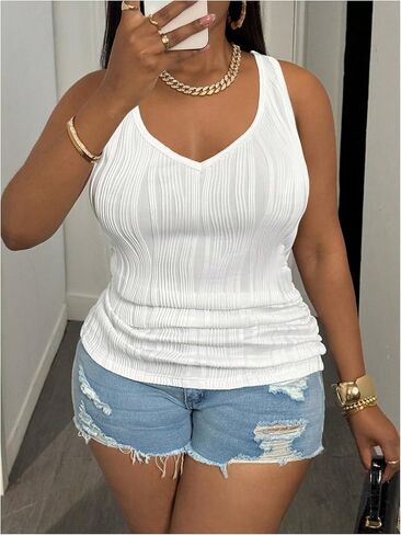 WDIRARA Women's Plus Size Basic Tank Top V Neck Sleeveless Solid Textured Tops in Saudi Arabia