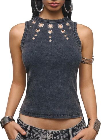 SweatyRocks Women's Y2k Grunge Crew Neck Distressed Tank Tops Punk Rock Cut Out Sleeveless Going Out Top in Saudi Arabia