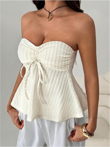 Women's Bowknot Drawstring Strapless Tube Top Sleeveless Bandeau Babydoll Tops Night Out Outfit in Saudi Arabia