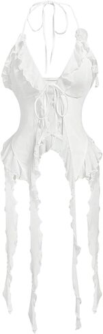 GORGLITTER Women's Y2k Ruffle Halter Tops Sexy Tie Front Backless Asymmetrical Goth Jellyfish Crop Camisole Top in Saudi Arabia