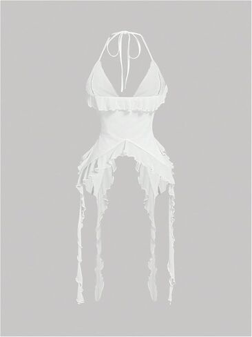 GORGLITTER Women's Y2k Ruffle Halter Tops Sexy Tie Front Backless Asymmetrical Goth Jellyfish Crop Camisole Top in Saudi Arabia