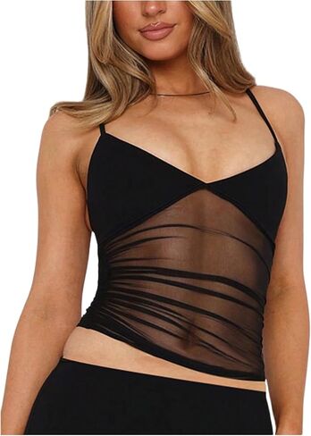 Women's Sheer Mesh Camisole Tops Ruched V Neck Spaghetti Strap Crop Tank Top in Saudi Arabia