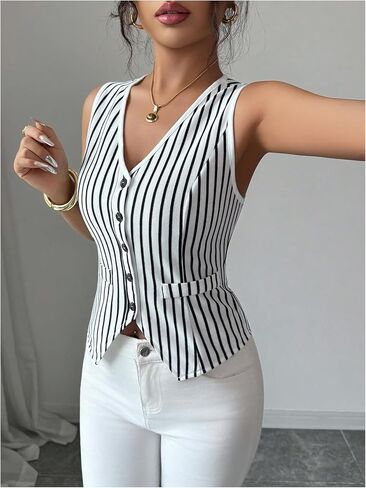 GORGLITTER Women's Striped Button Down Vest Top V Neck Sleeveless Crop Blazers Business Casual Outfits in Saudi Arabia