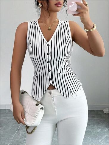 GORGLITTER Women's Striped Button Down Vest Top V Neck Sleeveless Crop Blazers Business Casual Outfits in Saudi Arabia