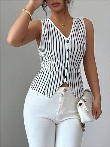 GORGLITTER Women's Striped Button Down Vest Top V Neck Sleeveless Crop Blazers Business Casual Outfits in Saudi Arabia
