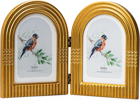 5x7 Double Hinged Picture Frame, Arched Photo Frame, Engineered Wood with Real Glass, Matted to 4x6, Vertical Format for Tabletop or Desktop Display, Vintage Antique Gold in Saudi Arabia