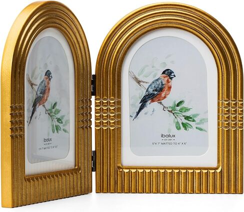 5x7 Double Hinged Picture Frame, Arched Photo Frame, Engineered Wood with Real Glass, Matted to 4x6, Vertical Format for Tabletop or Desktop Display, Vintage Antique Gold in Saudi Arabia