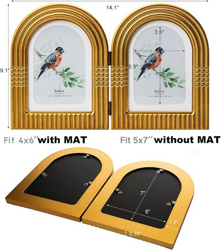 5x7 Double Hinged Picture Frame, Arched Photo Frame, Engineered Wood with Real Glass, Matted to 4x6, Vertical Format for Tabletop or Desktop Display, Vintage Antique Gold in Saudi Arabia