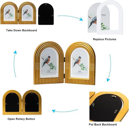 5x7 Double Hinged Picture Frame, Arched Photo Frame, Engineered Wood with Real Glass, Matted to 4x6, Vertical Format for Tabletop or Desktop Display, Vintage Antique Gold in Saudi Arabia
