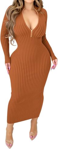 فستان Fastkoala النسائي مثير مضلع Bodycon بلون سادة وأكمام طويلة ومناسب متوسط ​​الطول ليلك ليلك للحفلات in Kuwait