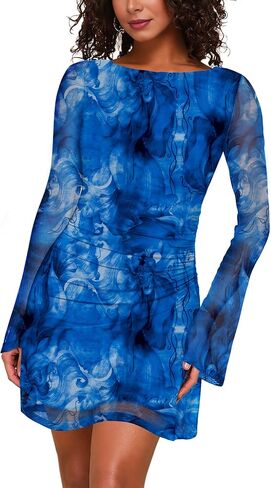 فستان ماكسي ضيق للنساء من MAYFASEY فستان مثير شبكي مكشكش وأكمام طويلة مطبوع عليه زهور للحفلات والنوادي فستان قصير للخروج in Kuwait