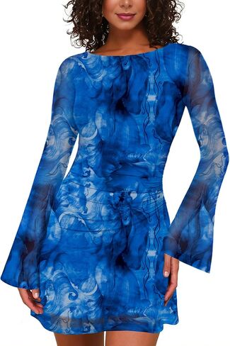 فستان ماكسي ضيق للنساء من MAYFASEY فستان مثير شبكي مكشكش وأكمام طويلة مطبوع عليه زهور للحفلات والنوادي فستان قصير للخروج in Kuwait