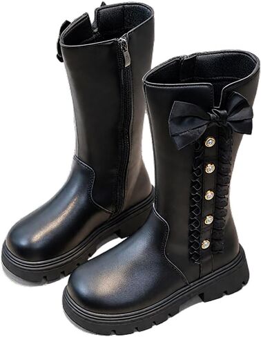 kkdom Girls' Knee High Riding Boots Cute Bow Riding Boots Non Slip Side Zipper Boots Fur Lined Tall Waterproof Winter Boots in Saudi Arabia