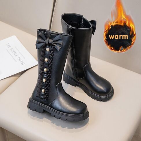 kkdom Girls' Knee High Riding Boots Cute Bow Riding Boots Non Slip Side Zipper Boots Fur Lined Tall Waterproof Winter Boots in Saudi Arabia