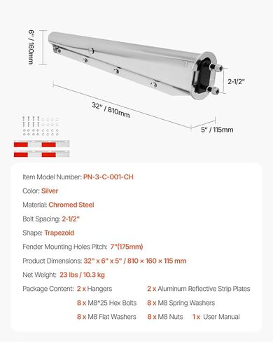 VEVOR Chrome Straight Spring Loaded Mud Flap Hangers, 2-1/2" Bolt Spacing Mudflap Hangers for Semi Trucks, 1 Pair Heavy Duty Semi Truck Mud Flap Hanger Set with Aluminum Reflective Plates, Silver in Saudi Arabia
