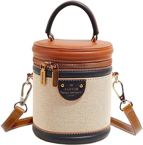 RTGGSEL Retro Canvas Bucket Bag Color Contrast Cylinder Purse for Women Shoulder Crossbody Handbag with Zipper in Saudi Arabia