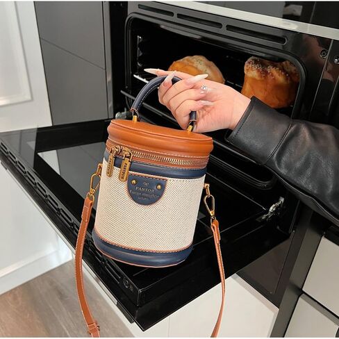 RTGGSEL Retro Canvas Bucket Bag Color Contrast Cylinder Purse for Women Shoulder Crossbody Handbag with Zipper in Saudi Arabia