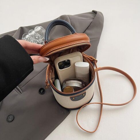 RTGGSEL Retro Canvas Bucket Bag Color Contrast Cylinder Purse for Women Shoulder Crossbody Handbag with Zipper in Saudi Arabia