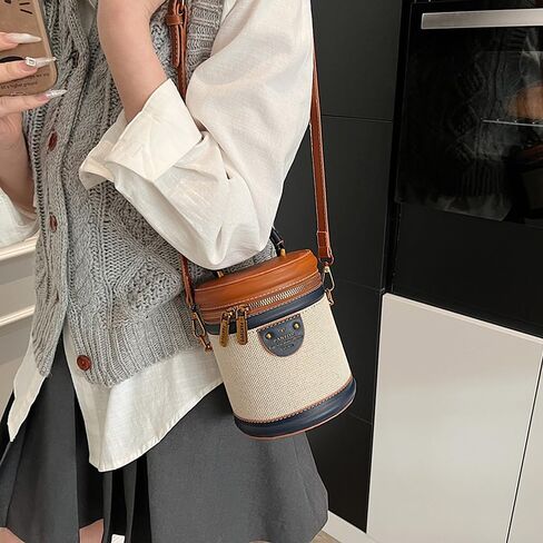 RTGGSEL Retro Canvas Bucket Bag Color Contrast Cylinder Purse for Women Shoulder Crossbody Handbag with Zipper in Saudi Arabia