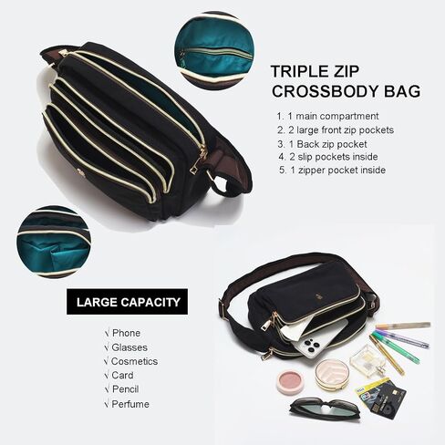ESVAN Triple Zip Crossbody Bags for Women Fashion Ladies Purse Multi-Pocket Handbags Messenger Shoulder Bag in Kuwait