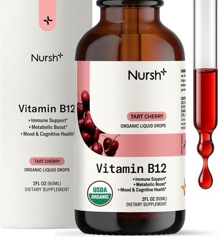 Nursh+ Boost Sublingual Vitamin B12 Liquid Drops – Extra Strength 5000 mcg Methylcobalamin for Energy Boost & Daily Wellness, Fast Absorbing, USDA Certified Organic & Vegan, 2 fl oz in Saudi Arabia