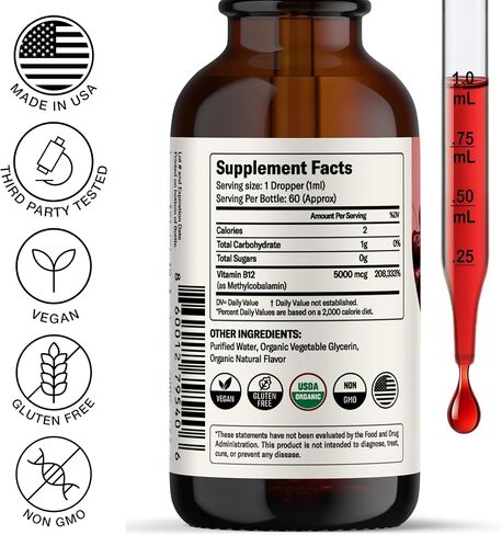 Nursh+ Boost Sublingual Vitamin B12 Liquid Drops – Extra Strength 5000 mcg Methylcobalamin for Energy Boost & Daily Wellness, Fast Absorbing, USDA Certified Organic & Vegan, 2 fl oz in Saudi Arabia