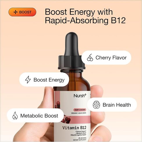 Nursh+ Boost Sublingual Vitamin B12 Liquid Drops – Extra Strength 5000 mcg Methylcobalamin for Energy Boost & Daily Wellness, Fast Absorbing, USDA Certified Organic & Vegan, 2 fl oz in Saudi Arabia