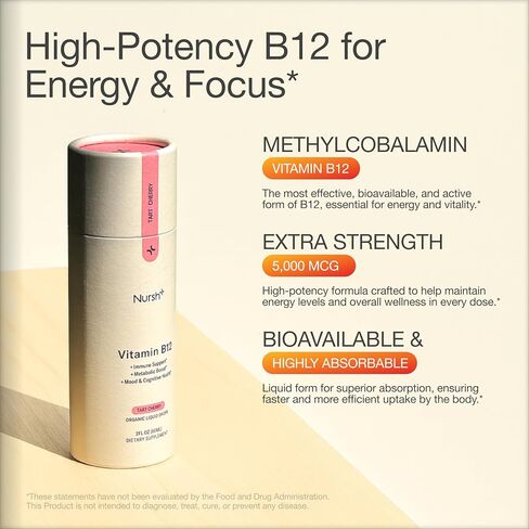 Nursh+ Boost Sublingual Vitamin B12 Liquid Drops – Extra Strength 5000 mcg Methylcobalamin for Energy Boost & Daily Wellness, Fast Absorbing, USDA Certified Organic & Vegan, 2 fl oz in Saudi Arabia