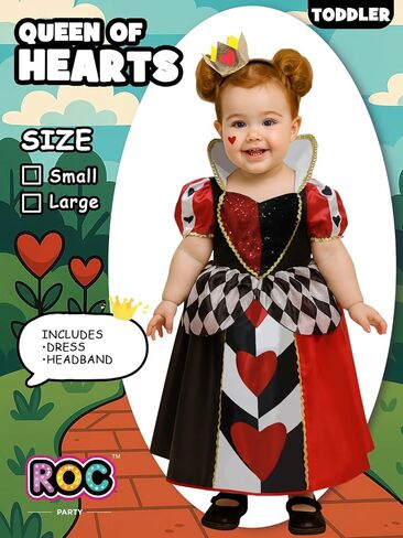 Toddler Heart Queen Costume - Kids Red, Black & White Princess Dress with Crown Headband for Halloween in Kuwait