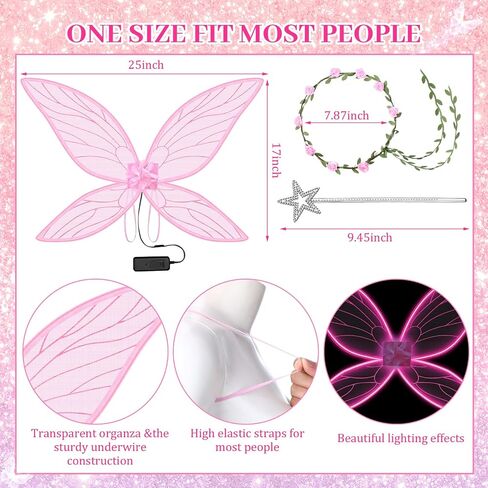 Janinka Light Up Fairy Wings for Adults, LED Butterfly Wings for Women Fairy Costume with Wreath Wand for Halloween Cosplay in Saudi Arabia