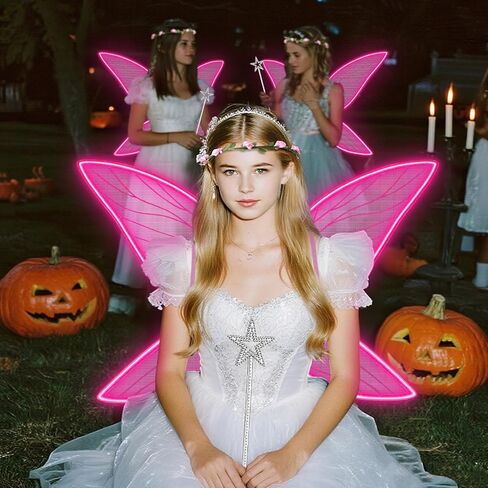 Janinka Light Up Fairy Wings for Adults, LED Butterfly Wings for Women Fairy Costume with Wreath Wand for Halloween Cosplay in Saudi Arabia
