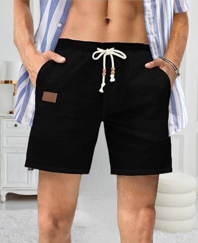 Mens Casual 5"/ 7" Cotton Linen Shorts - Elastic Waist Drawstring Summer Beach Shorts with Pockets in Saudi Arabia