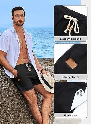 Mens Casual 5"/ 7" Cotton Linen Shorts - Elastic Waist Drawstring Summer Beach Shorts with Pockets in Saudi Arabia