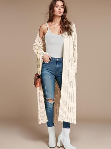 Fall Cardigan Sweaters for Women Open Front Long Sleeve Clable Knit Winter Sweater Coat with Pockets in Kuwait