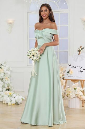Satin Off Shoulder Bridesmaid Dresses for Women Elegant A-Line Floor Length Bow Formal Evening Gown in Saudi Arabia