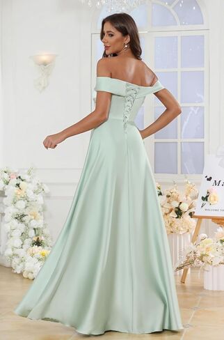 Satin Off Shoulder Bridesmaid Dresses for Women Elegant A-Line Floor Length Bow Formal Evening Gown in Saudi Arabia