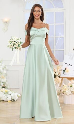 Satin Off Shoulder Bridesmaid Dresses for Women Elegant A-Line Floor Length Bow Formal Evening Gown in Saudi Arabia