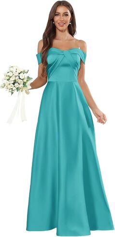 Satin Off Shoulder Bridesmaid Dresses for Women Elegant A-Line Floor Length Bow Formal Evening Gown in Saudi Arabia
