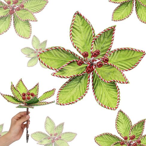 6 Pcs Red Green Christmas Flower 9.8 x 12 Inch Artificial Poinsettias Flowers Glitter Artificial Flowers Picks Christmas Tree Ornaments Xmas New Year Tree Wreath Garland Wedding Party Decor in Saudi Arabia