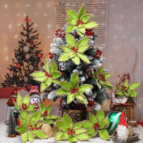 6 Pcs Red Green Christmas Flower 9.8 x 12 Inch Artificial Poinsettias Flowers Glitter Artificial Flowers Picks Christmas Tree Ornaments Xmas New Year Tree Wreath Garland Wedding Party Decor in Saudi Arabia