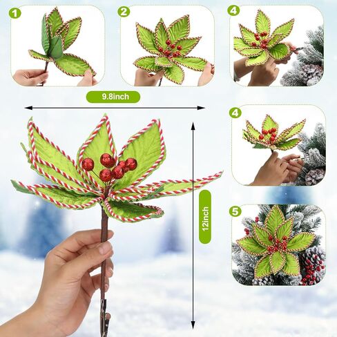 6 Pcs Red Green Christmas Flower 9.8 x 12 Inch Artificial Poinsettias Flowers Glitter Artificial Flowers Picks Christmas Tree Ornaments Xmas New Year Tree Wreath Garland Wedding Party Decor in Saudi Arabia