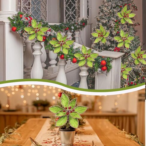 6 Pcs Red Green Christmas Flower 9.8 x 12 Inch Artificial Poinsettias Flowers Glitter Artificial Flowers Picks Christmas Tree Ornaments Xmas New Year Tree Wreath Garland Wedding Party Decor in Saudi Arabia