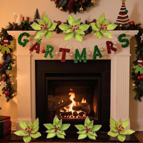 6 Pcs Red Green Christmas Flower 9.8 x 12 Inch Artificial Poinsettias Flowers Glitter Artificial Flowers Picks Christmas Tree Ornaments Xmas New Year Tree Wreath Garland Wedding Party Decor in Saudi Arabia
