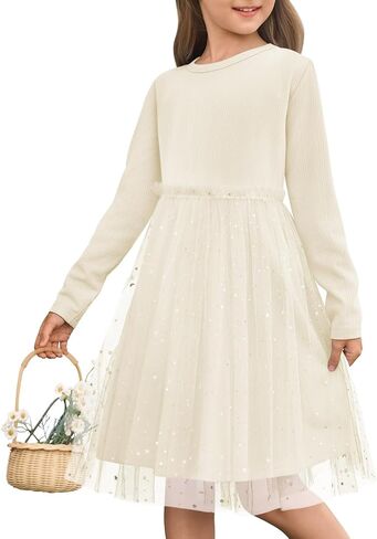 Yousify Girls Ribbed Tutu Dress Kids Long Sleeve Star Sequin Tulle Dress Birthday Party Dresses 5-14 Years in Saudi Arabia