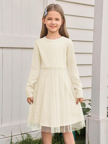 Yousify Girls Ribbed Tutu Dress Kids Long Sleeve Star Sequin Tulle Dress Birthday Party Dresses 5-14 Years in Saudi Arabia
