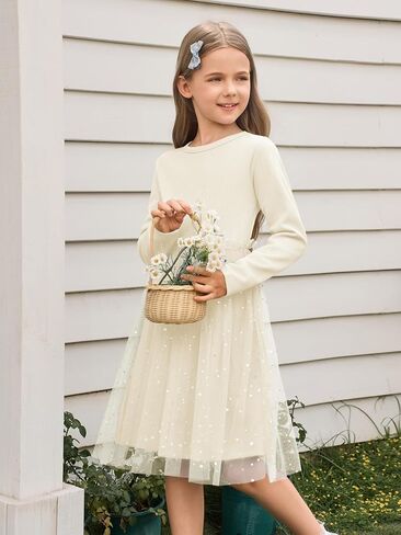 Yousify Girls Ribbed Tutu Dress Kids Long Sleeve Star Sequin Tulle Dress Birthday Party Dresses 5-14 Years in Saudi Arabia