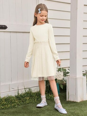 Yousify Girls Ribbed Tutu Dress Kids Long Sleeve Star Sequin Tulle Dress Birthday Party Dresses 5-14 Years in Saudi Arabia