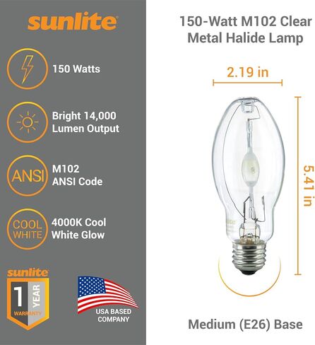 Sunlite 03645-SU MH100/U/MED M90 مصباح هاليد معدني، 100 واط، تشغيل نبضي، قاعدة متوسطة (E26)، ED17، عمر 12,000 ساعة، 9000 لومن، لمسة نهائية شفافة، 4000 كلفن in Saudi Arabia
