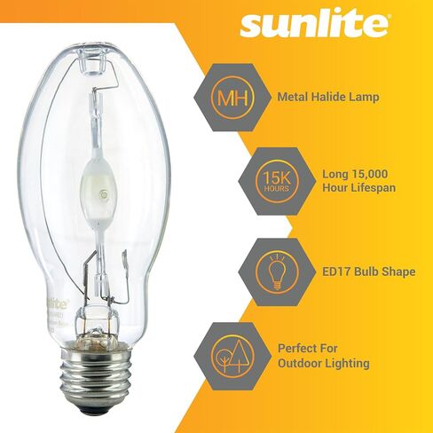 Sunlite 03645-SU MH100/U/MED M90 مصباح هاليد معدني، 100 واط، تشغيل نبضي، قاعدة متوسطة (E26)، ED17، عمر 12,000 ساعة، 9000 لومن، لمسة نهائية شفافة، 4000 كلفن in Saudi Arabia